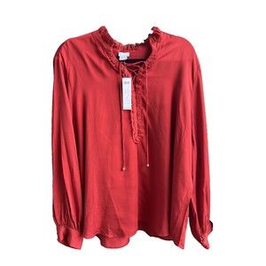 Chico’s Ruffle Tie Neck Blouse Sandwash satin spiced red.  XXL
